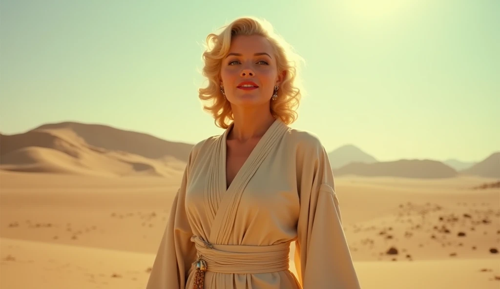 Screengrab of 1950's Super Panavision 70 movie. Retro in color. Marilyn Monroe wearing jedi robes in desert.