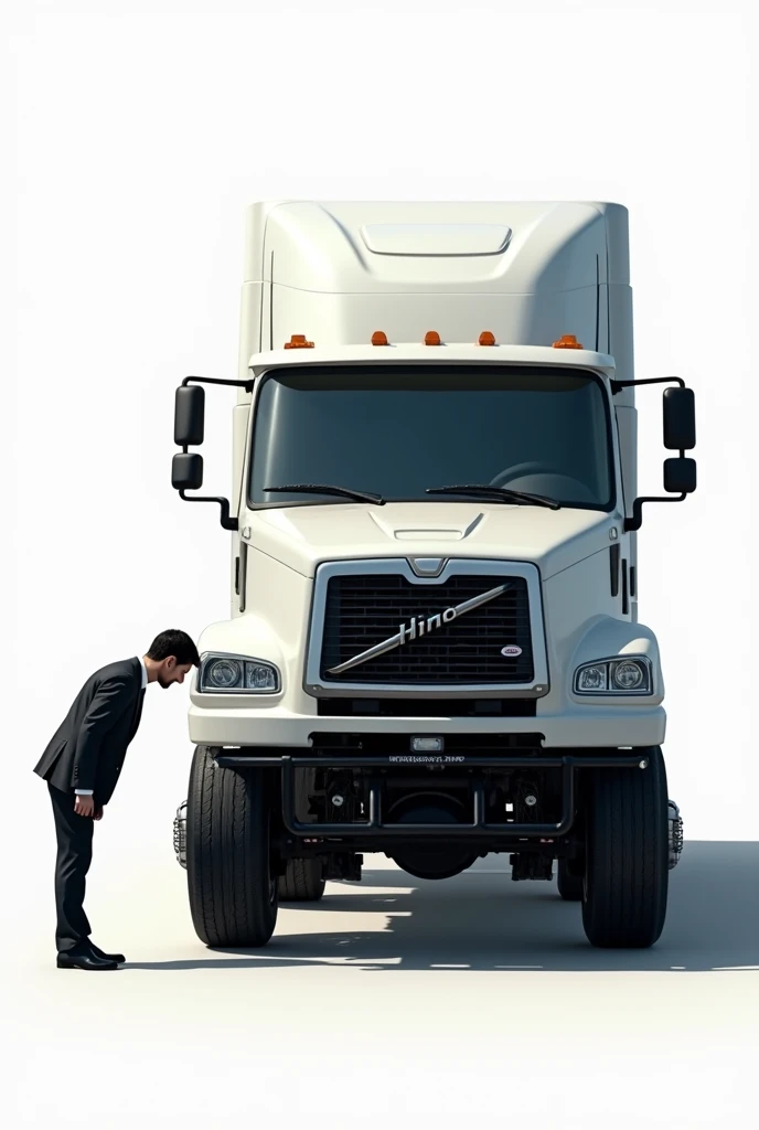 A large truck from the Hino brand, white and grey, with three axes, is in a position with the cabin raised, showing part of the engine. To the left of the truck, A man dressed in a dark suit bows deeply towards the truck. The man is thin, She has straight black hair, and his gesture is respectful. The scene is set on a neutral white background, which highlights both elements. The image should be more realistic and dynamic, with precise details in the textures of the truck, including tires, the engine and the shadows. The human figure should also show more details, like the wrinkles in clothes and the texture of hair. A photographic style with natural light and shadows is sought."