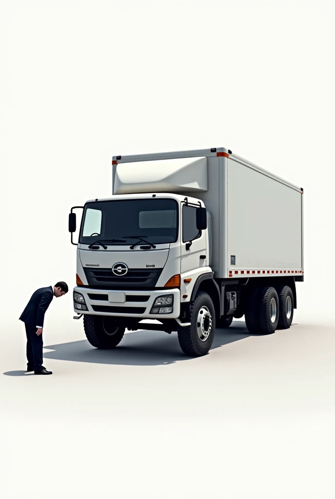 A large truck from the Hino brand, white and grey, with three axes, is in a position with the cabin raised, showing part of the engine. To the left of the truck, A man dressed in a dark suit bows deeply towards the truck. The man is thin, She has straight black hair, and his gesture is respectful. The scene is set on a neutral white background, which highlights both elements. The image should be more realistic and dynamic, with precise details in the textures of the truck, including tires, the engine and the shadows. The human figure should also show more details, like the wrinkles in clothes and the texture of hair. A photographic style with natural light and shadows is sought."