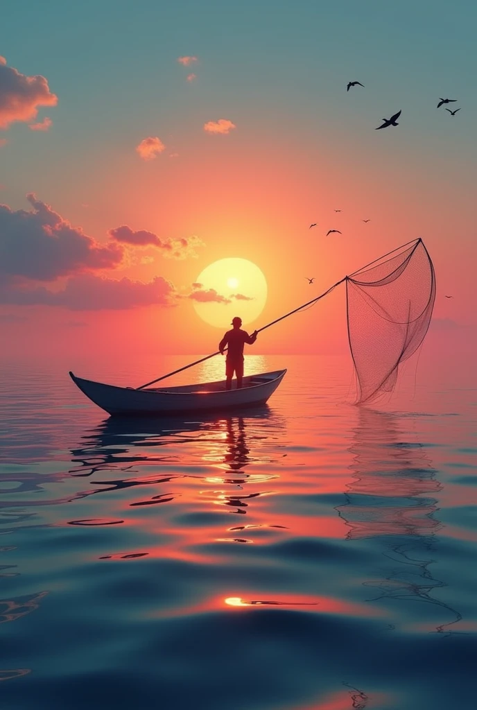 A solitary silhouette of a fisherman casting his net in the vast expanse of the sea, perfectly centered against the backdrop of a nascent sunrise. The early morning sun, a fiery orb of burgeoning light, is gradually ascending from the horizon, painting the sky with strokes of fiery oranges and soft pinks that meld into the deep blues of the night sky. The fisherman, an indistinct form in dark attire, stands steadfast in a small wooden boat that appears almost as a paper cut-out against the vibrant colors. His outline is sharp and defined, with the delicate balance of his stance revealing the harmony of a seasoned mariner. The sea around him is calm and still, reflecting the pastel hues above with a glass-like quality that stretches into the distance. The ripples created by the boat's wake fan out in a gentle pattern, leading the eye back to the central figure. The net he throws arcs gracefully through the air, its intricate weave a stark contrast to the simplicity of the scene. The serene environment is punctuated only by the silhouettes of a few distant birds, who seem to have just started their day's journey, mirroring the fisherman's quest. The tranquil scene is imbued with a sense of hope and resilience, as the fisherman, undeterred by the vastness of the ocean, continues his timeless ritual in the quiet embrace of the dawn.