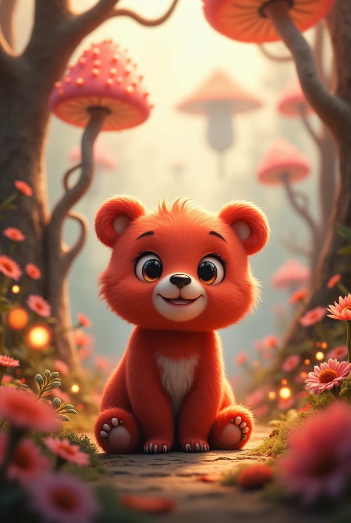 A little red bear with a fantasy feel。A fantastic atmosphere。