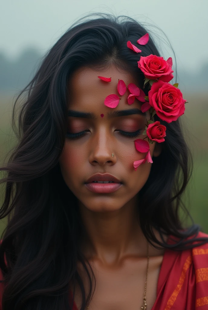 Indian A very beautiful girl whose face is made of roses sad background travel 