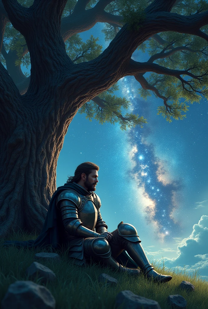 A knight resting beneath a tree with a galaxy in the background 