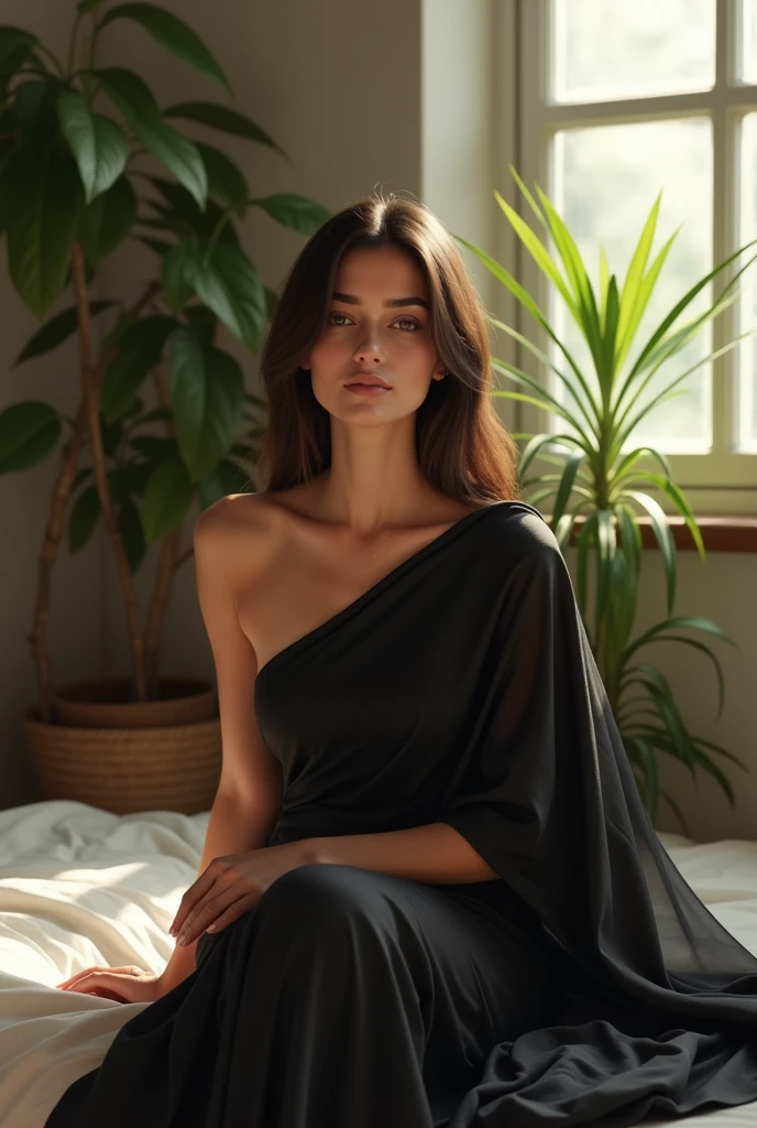 (photorealism:1.2), beautiful woman, sitting on bed,black saree , straight hair, indoors, soft lighting, plants in background, window with sunlight, cozy room, relaxed pose, realistic, intricate detailed