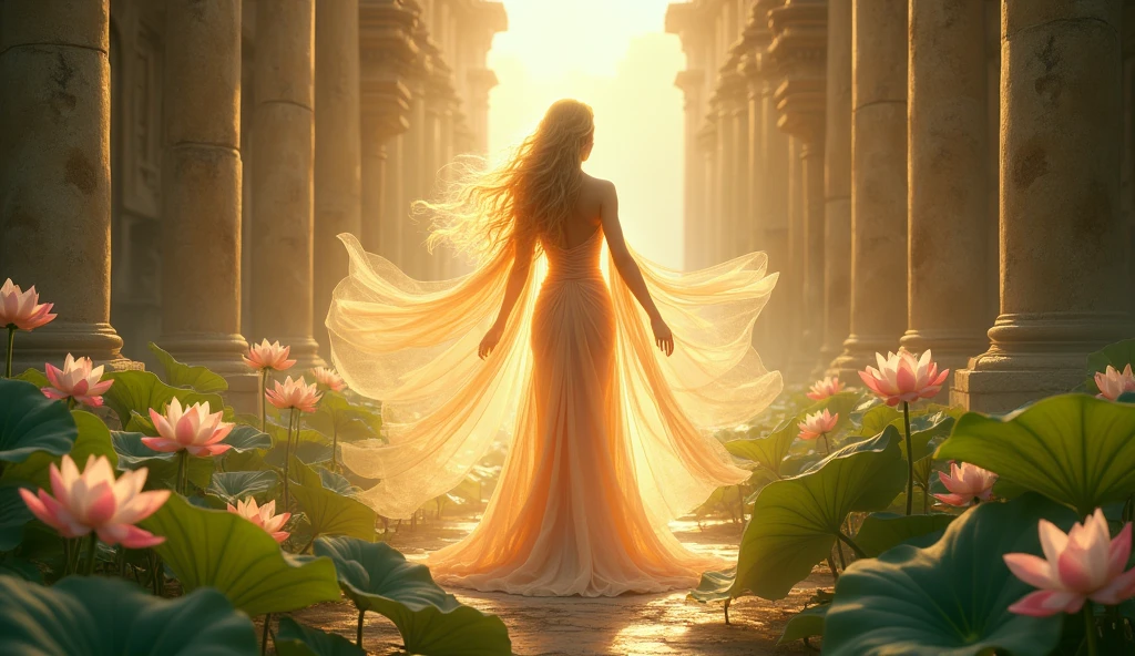Setting: An ancient, sunlit temple ruins where a divine goddess awakens amidst a sea of blooming lotus flowers.
Description: The goddess has flowing, golden hair and is adorned with a revealing, shimmering gown made of ethereal fabric. Her skin glows with a soft, celestial light. She stands gracefully among ancient stone columns and lush lotus flowers that are gently illuminated by the morning sun. Delicate rays of light filter through the crumbling temple, creating a peaceful and mystical ambiance. Her presence radiates serenity and divine beauty, enhancing the tranquil atmosphere. Aim for realistic depiction, make sure photos are at highest resolution (8K)