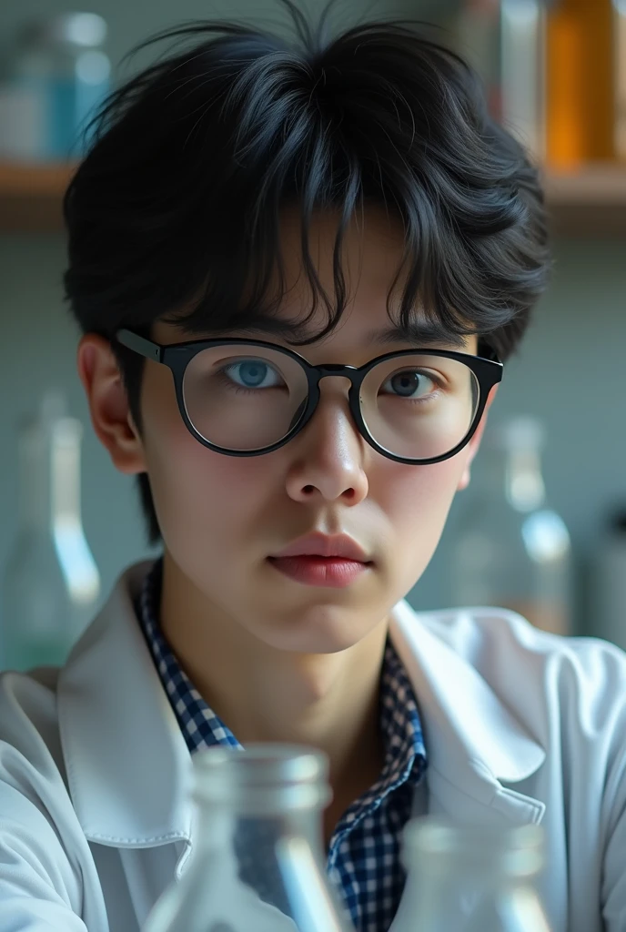 A level chemistry student    with black specs and front look round   with messy  hair with sharp jaw
