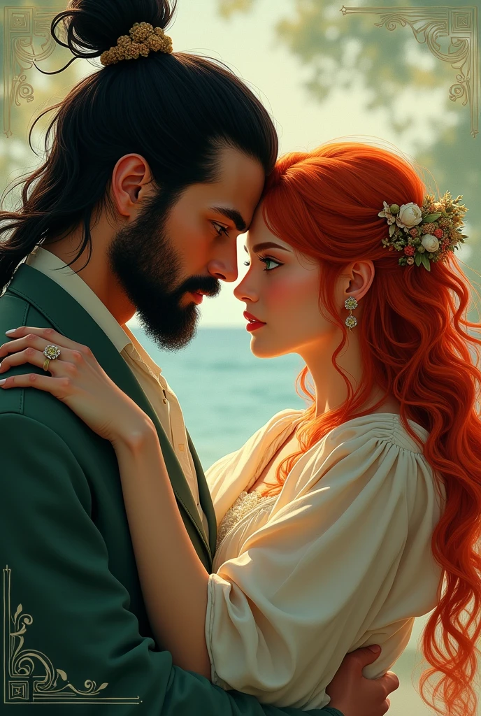 Create a drawing, couple in love man beard and samurai hair and red hair green eyes