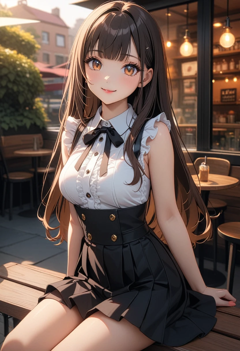 1 girl, detailed beautiful face, bangs, long hair, (charcoal black hair), shiny hair, beautiful eyes, (dark brown eyes), light reflecting in the eyes, (finely detailed beautiful eyes: 1.3), double eyelids, (eyelash: 1.2), (eye shadow: 1.2), smiling, medium breasts, cute pose, cowboy shot, look at the viewer,
black pleated skirt, sleeveless collared white shirt, frills, virgin killer outfit, jirai kei,
sunset, on the terrace of a fashionable cafe in the city, shallow depth of field,
((very detailed, ultra-high resolution, absurdres, highres, masterpiece, best quality, very aesthetic, fine texture, newest, perfect lighting, best shadow, sharp focus, high color saturation)), (anatomically correct, perfect hands), (professional photography), ((anime art style)), shine colorful,