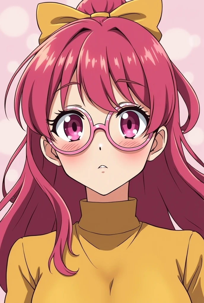 A retro girl (Cute:1.3 points), (Eighties:1.4 points), 90's style anime, Front view, First Person, pink eyes, long dark pink hair, ponytail, Yellow clothes, Bust, Bangs, simple background, rose tinted glasses,