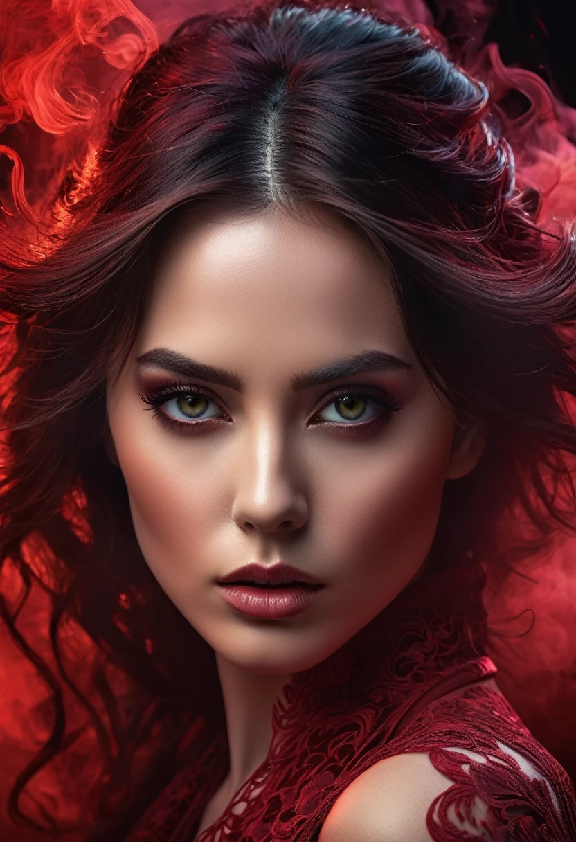 A majestic work of art, a woman, intricately detailed, with an intense, piercing gaze emanating from her singular, striking eye, set against a backdrop of ethereal, swirling red smoke that appears to shift and undulate as if alive, illuminated by a cinematic lighting scheme that casts dramatic, high-contrast shadows and highlights, evoking a sense of mystery and the otherworldly, with each element expertly rendered in exquisite, high-definition detail, exuding a sense of artistic mastery and visual sophistication.
