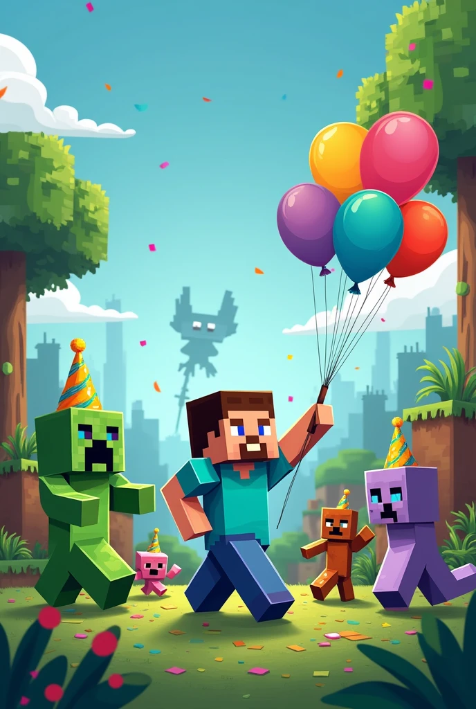 Birthday invitation for , inspired by Minecraft, with various characters, and balloons 