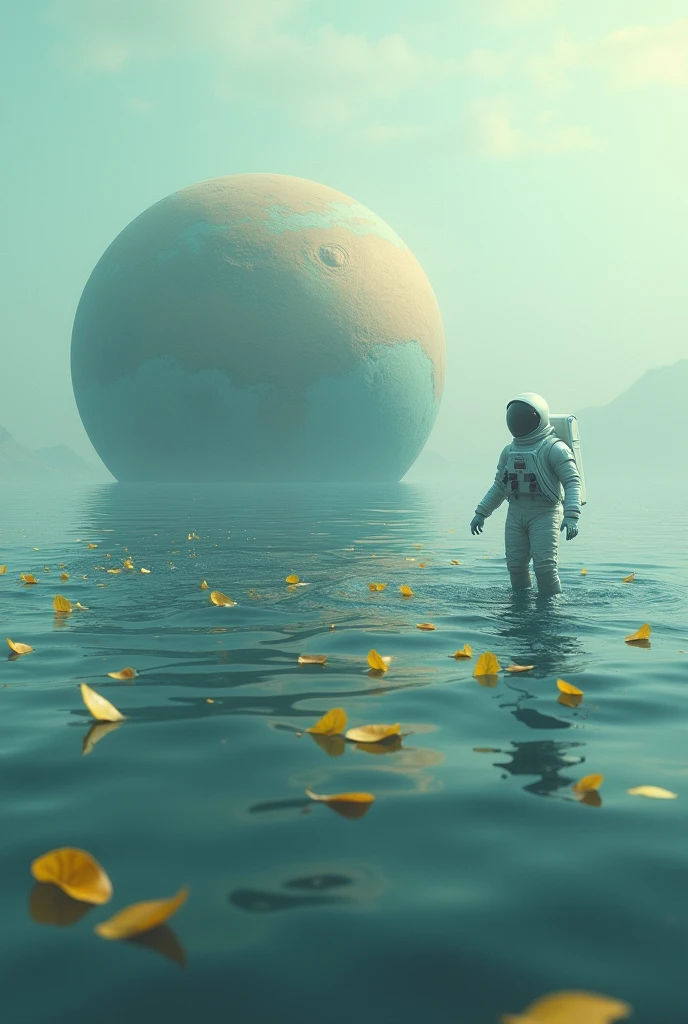 a planet half pour into water and surroinding of this planet small yellow lwaes floating on water surface and astronout was flying like in space