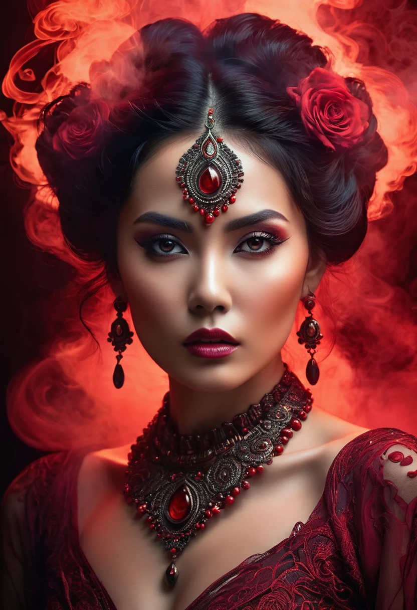 A majestic work of art, a woman, intricately detailed, with an intense, piercing gaze emanating from her singular, striking eye, set against a backdrop of ethereal, swirling red smoke that appears to shift and undulate as if alive, illuminated by a cinematic lighting scheme that casts dramatic, high-contrast shadows and highlights, evoking a sense of mystery and the otherworldly, with each element expertly rendered in exquisite, high-definition detail, exuding a sense of artistic mastery and visual sophistication.