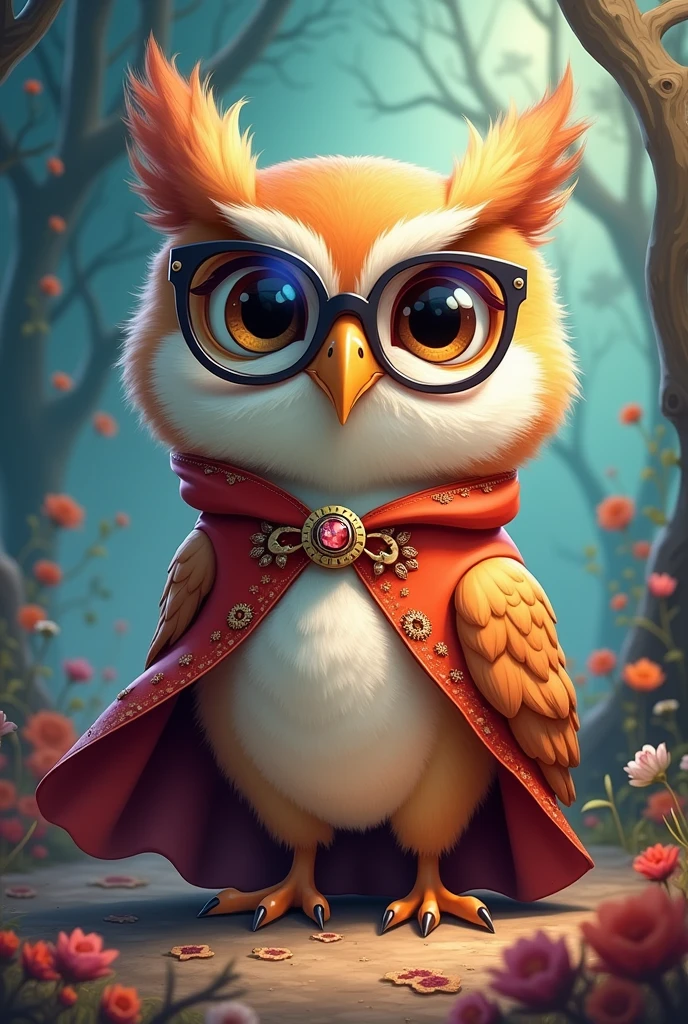 Cartoon style owl with glasses and cape