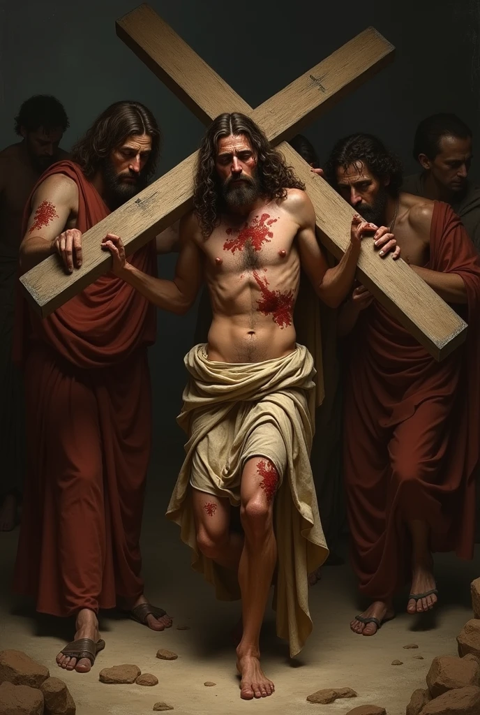 JESUS AVEC DU SANG SUR SON CORPS PORTANT LA CROIX