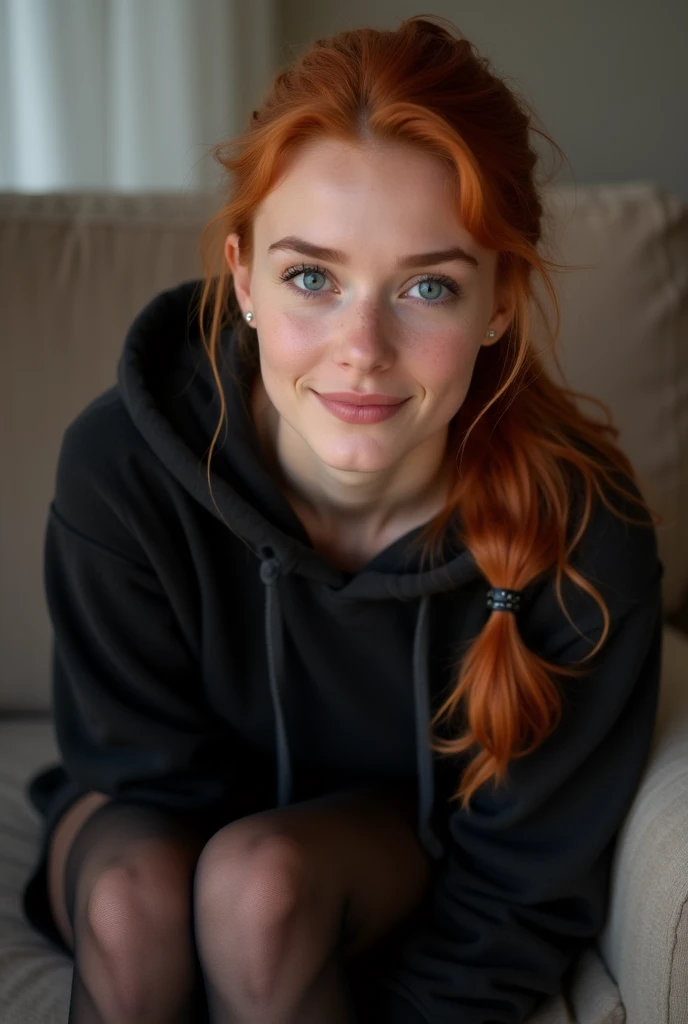 cherry red hair、pulled back ponytail、teaing smile、 she wears a black hoodie.、black pantyhose、adult german woman、blue eyes、showing her black pantyhose、lying on a couch、young german woman、wide angle、 she has ocean blue eyes.、