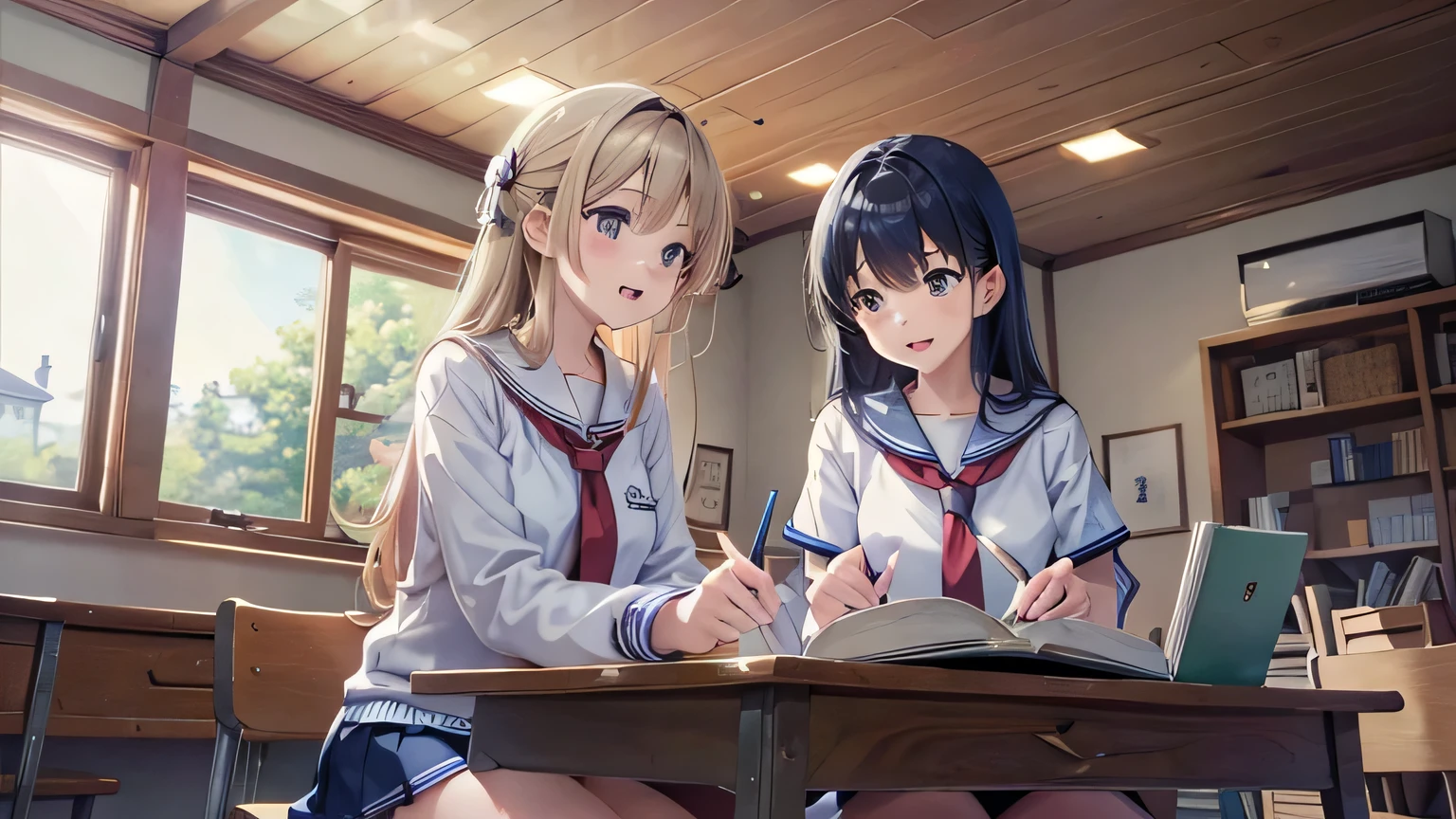 Create an anime-style image set in a bright and cozy library. The scene features two high school students, a boy and a girl, sitting side by side at a wooden desk. Both are wearing traditional Japanese high school uniforms—the boy in a white shirt with a tie and the girl in a sailor-style outfit. They are sitting side by side, with open books spread out on the desk in front of them, studying together. Both students are holding pens, writing something in their notebooks while looking at the books on the desk. They are smiling and enjoying each other's company. The scene is viewed from the front, showing their faces and the warm, soft light illuminating the space, creating a cheerful and pleasant atmosphere. In the background, large windows reveal a clear summer sky with vibrant blue colors, adding to the fresh and lively ambiance of the scene. The bookshelves filled with books further emphasize the library setting.
