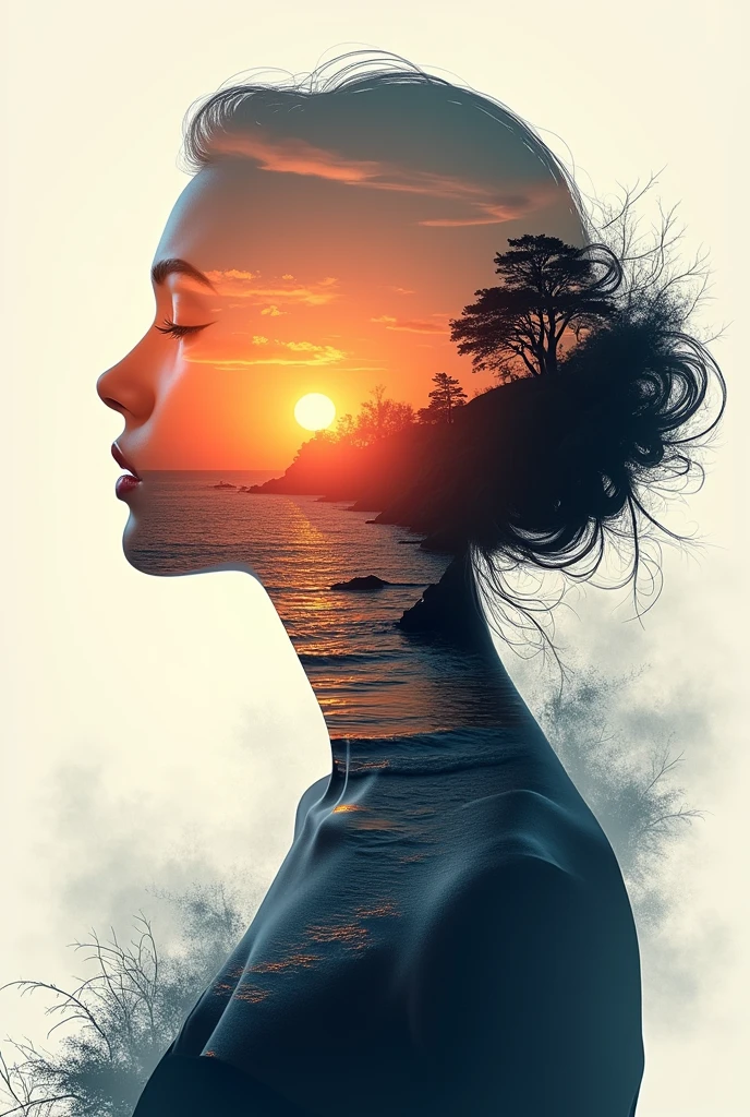 high qualiy, 8k Ultra HD, Uma linda Double exposure que combina uma silhueta de deusa com costa ao pôr do sol, the coast at sunset should serve as a backdrop, with its details incorporated into the goddess, Sharp lines, The background is monochromatic, sharp focus, Double exposure, By Yukisakura, stunning full colors.