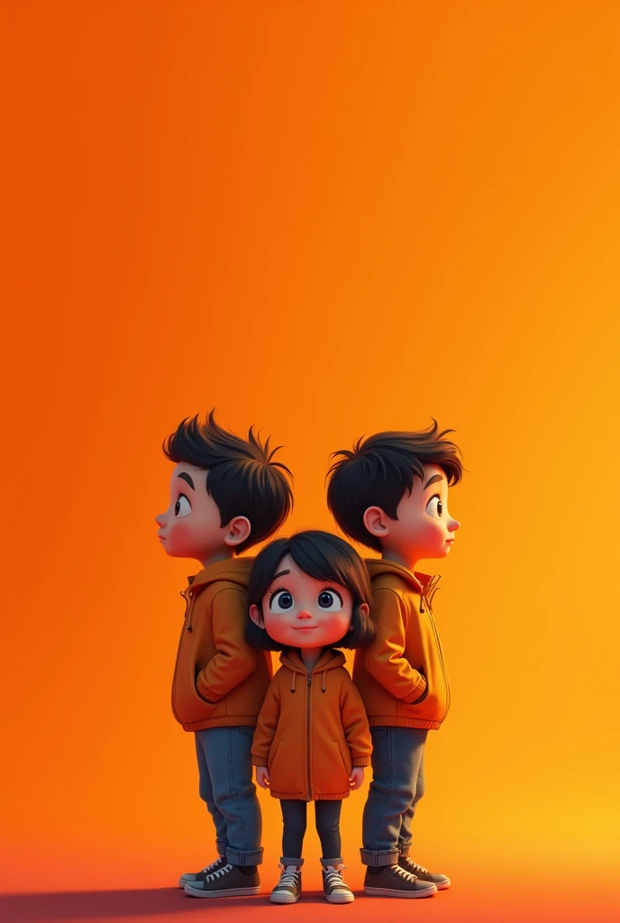 Make an image of 3 children in gradient one behind the other with an orange background