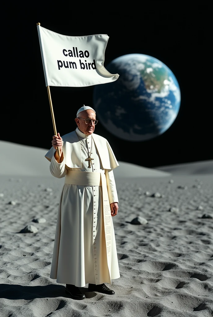 A realistic photo of Pope Francis, on the moon with a white flag that says: 
"CALLAO PUM BIRD"