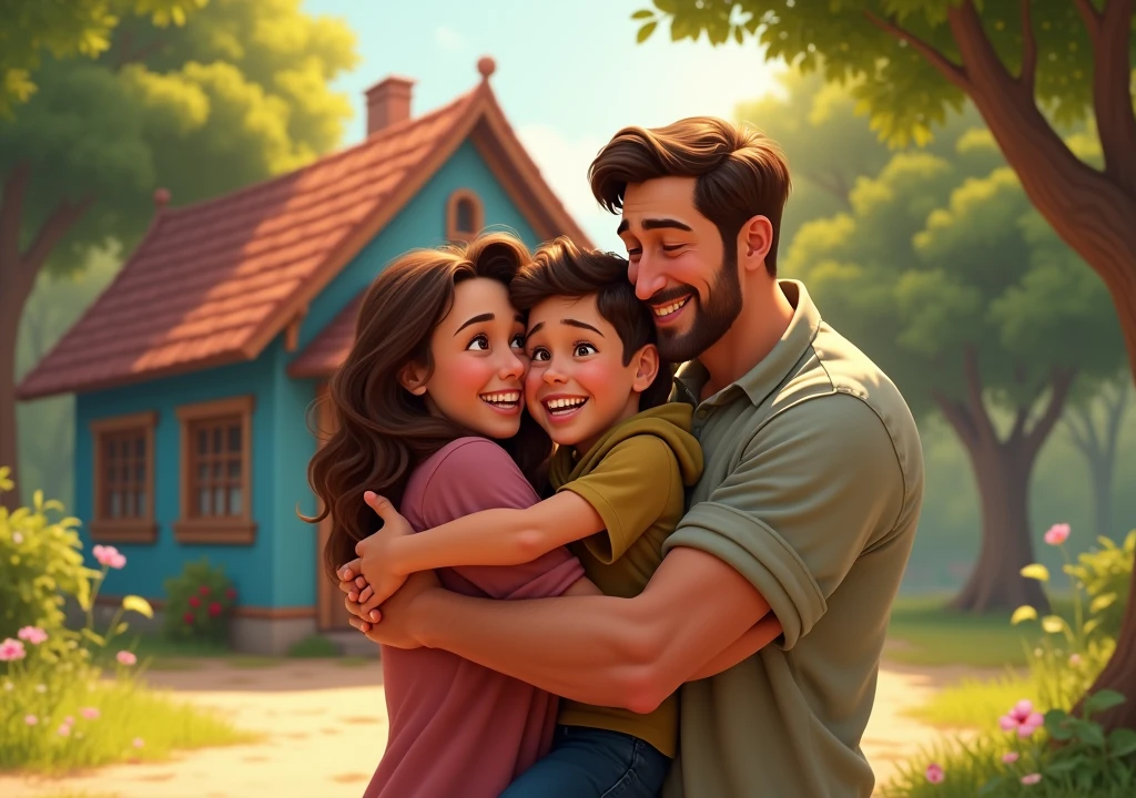 A boy giving a tight hug to his father and mother crying with happiness, in the background of the image there are forests and a blue house with wooden doors and red tiles, the parents are smiling and happy with the boy's return, Disney pixar style