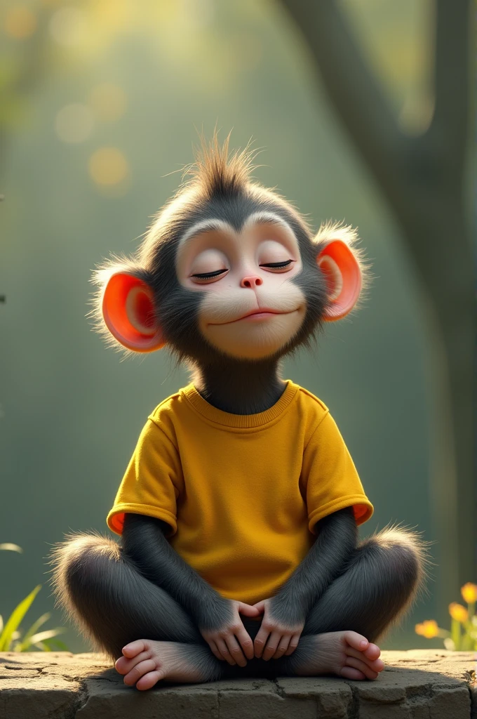 Young monkey meditate yellow shirt