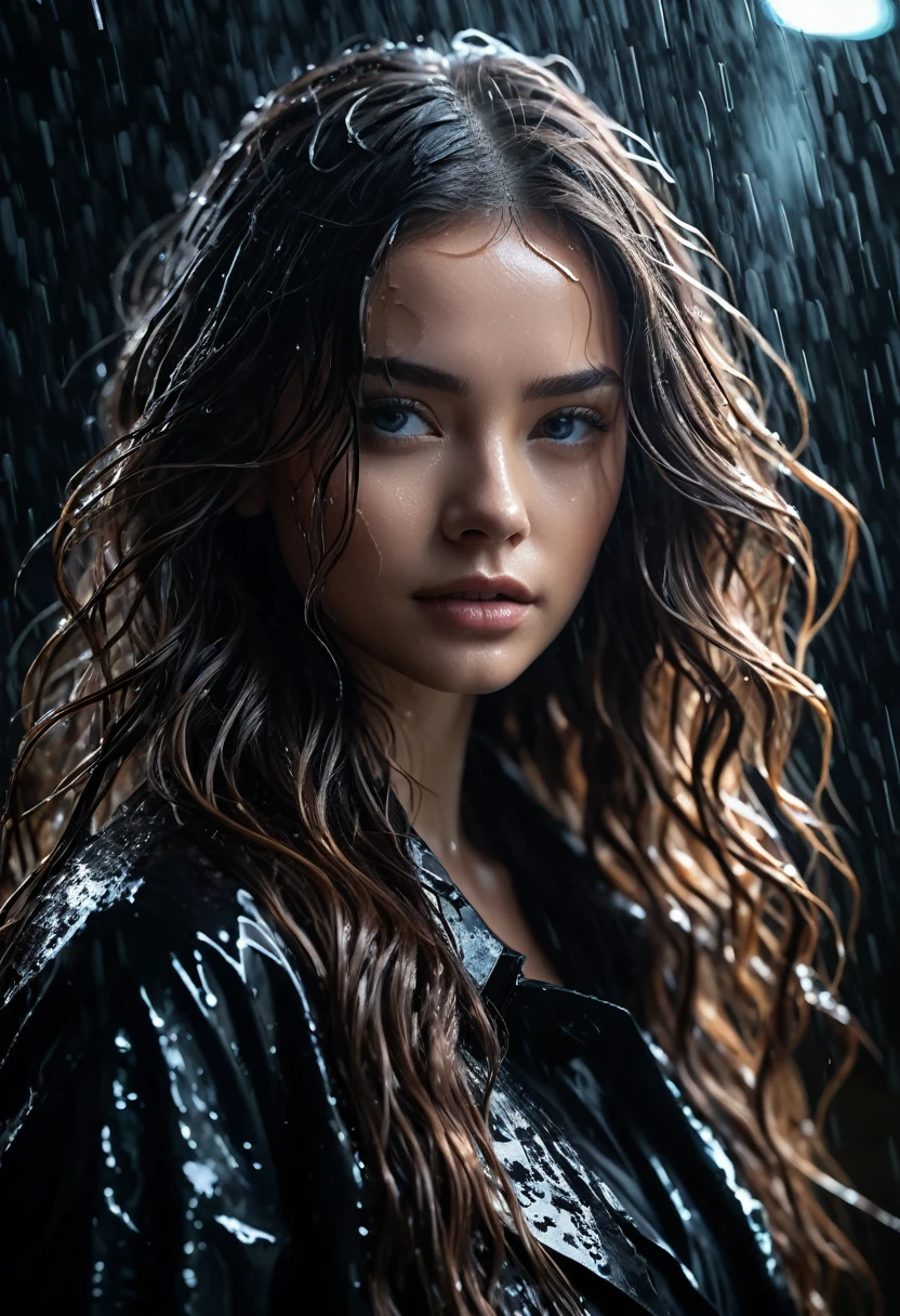 a beautiful young woman in black with long hair, in the style of textural layers, reefwave, light brown and light black, wet-on-wet blending, wavy, pop inspo, captivating gaze, dramatic cinematic lighting, photo realistic, cinematic, movie still, captured in the style of Sony Alpha A7 III camera