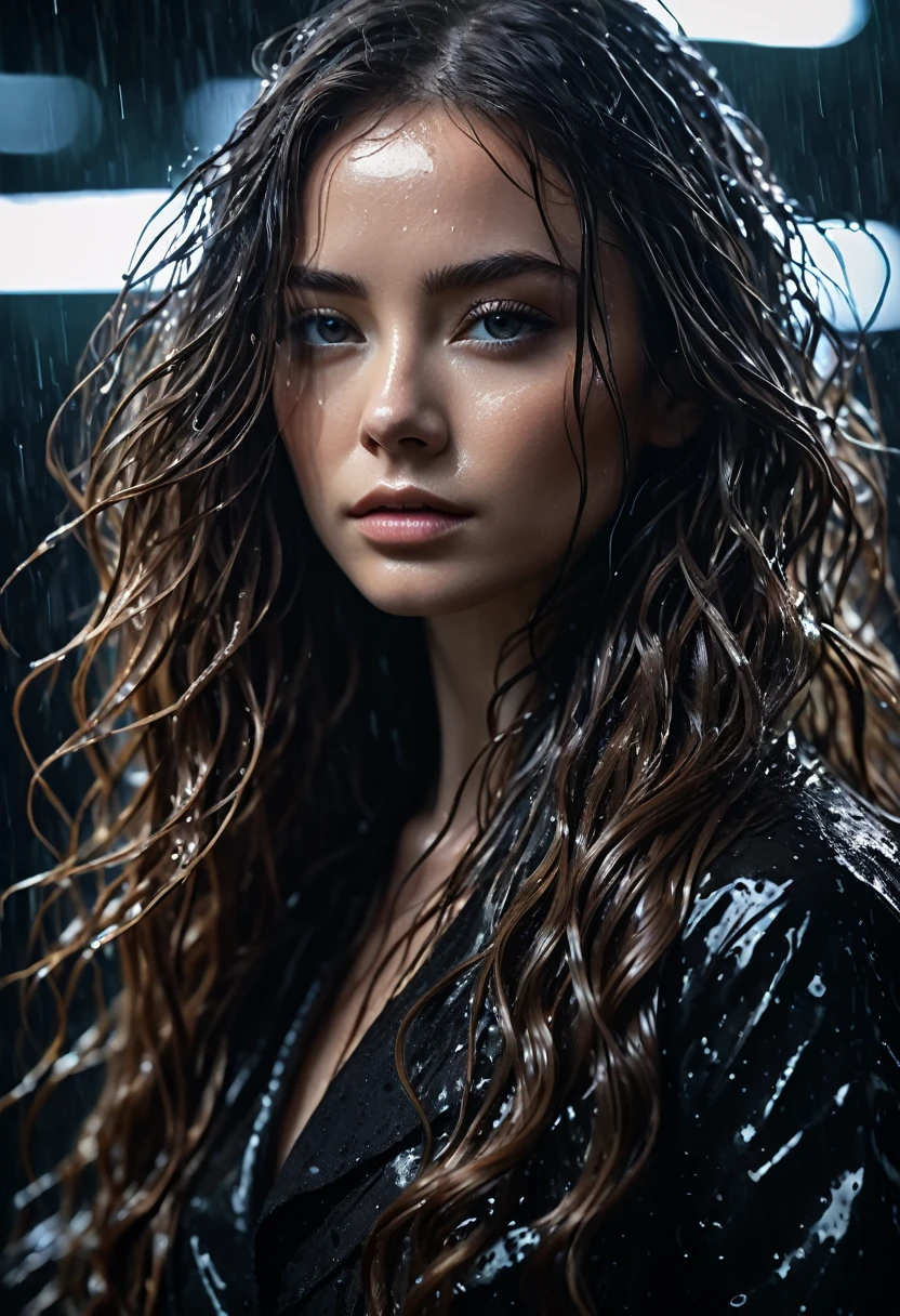 a beautiful young woman in black with long hair, in the style of textural layers, reefwave, light brown and light black, wet-on-wet blending, wavy, pop inspo, captivating gaze, dramatic cinematic lighting, photo realistic, cinematic, movie still, captured in the style of Sony Alpha A7 III camera