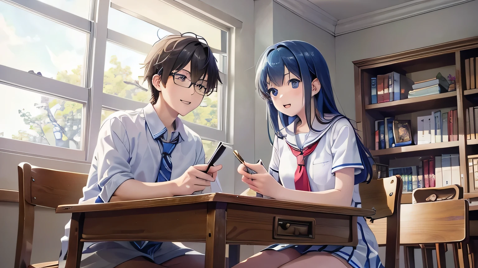 Create an anime-style image set in a bright and cozy library. The scene features two high school students, a boy and a girl, sitting side by side at a wooden desk. Both are wearing traditional Japanese high school uniforms—the boy in a white shirt with a tie and the girl in a sailor-style outfit. They are sitting side by side, with open books spread out on the desk in front of them, studying together. Both students are holding pens, writing something in their notebooks while looking at the books on the desk. They are smiling and enjoying each other's company. The scene is viewed from the front, showing their faces and the warm, soft light illuminating the space, creating a cheerful and pleasant atmosphere. In the background, large windows reveal a clear summer sky with vibrant blue colors, adding to the fresh and lively ambiance of the scene. The bookshelves filled with books further emphasize the library setting.
