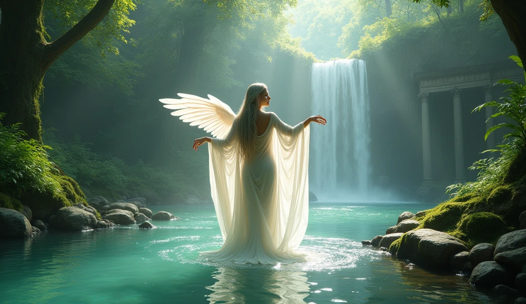 Setting: A mystical forest clearing with ancient ruins and a serene waterfall, where a mesmerizing goddess performs a calming dance.
Description: The goddess has long, silvery hair and wears an elegant, sheer robe that reveals much of her skin. Her wings, if present, are adorned with iridescent feathers. She dances gracefully beside a crystal-clear waterfall, surrounded by ancient stone ruins and lush, verdant foliage. The gentle morning light filters through the trees, casting a soft glow over the scene. The goddess's serene expression and fluid movements create an atmosphere of peace and spiritual awakening. Aim for realistic depiction, make sure photos are at highest resolution (8K)