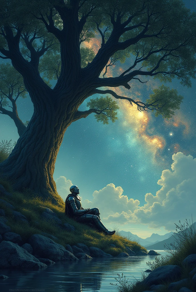 A knight lying under a tree with a galaxy in the background and a stream