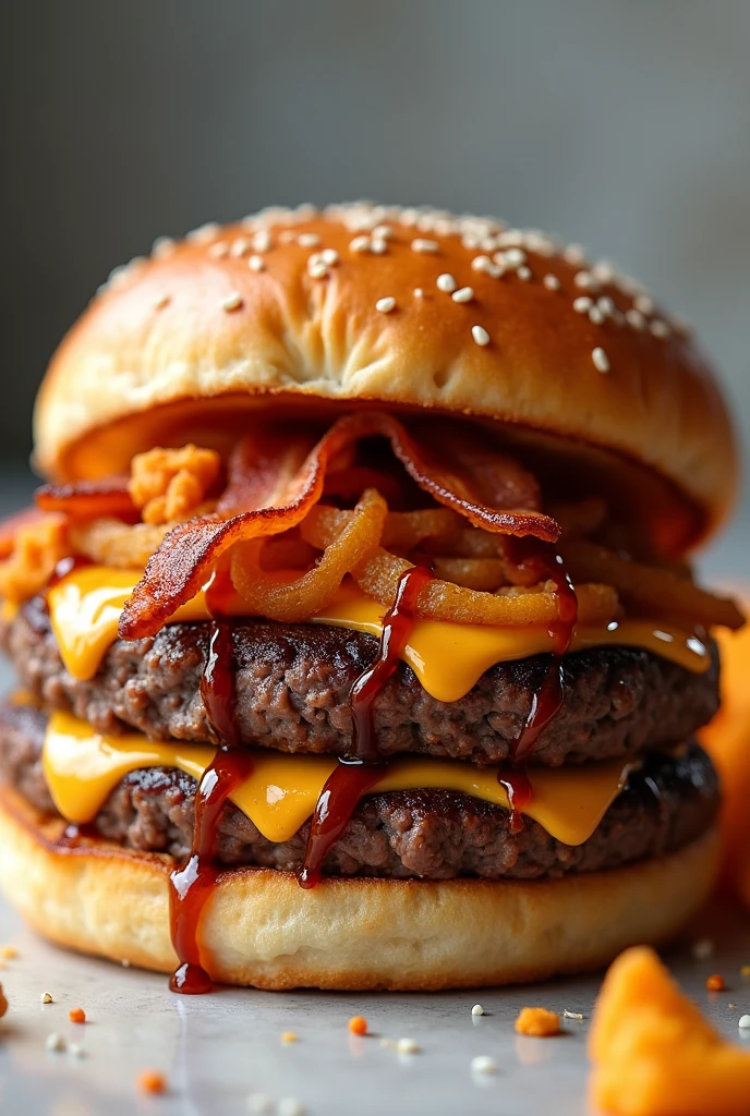 A burger with caramelized onions, bacon, doritos and mayonnaise and barbecue sauce on brioche bread