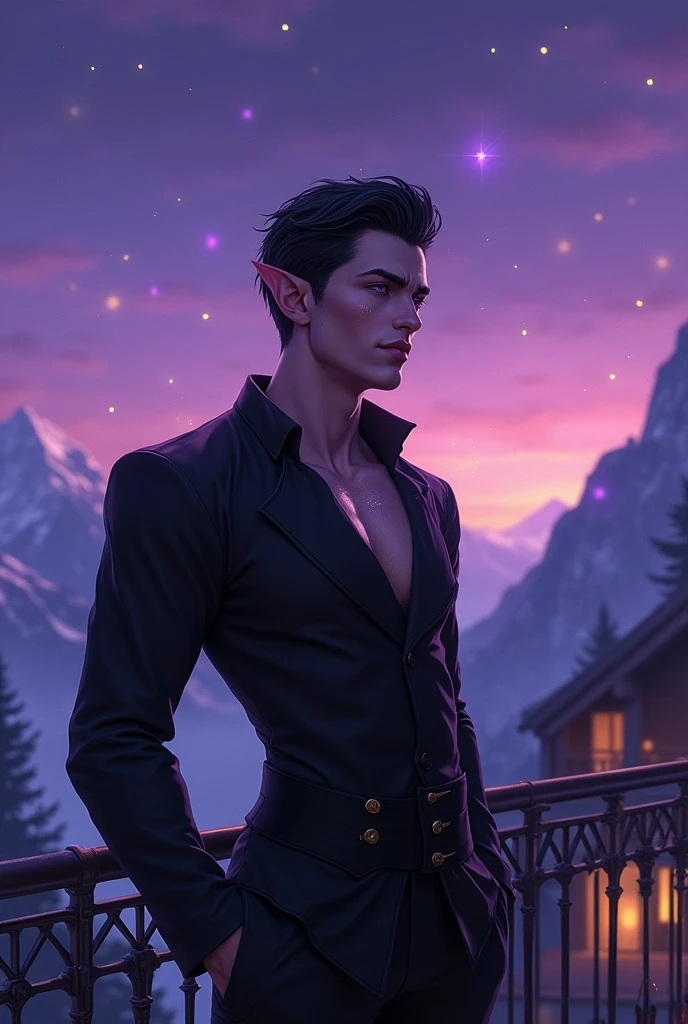 A picture of an extremely handsome man, with purple eyes, full lips, masculine, muscular, marked jaw, with pointed ears, black dress, On a balcony, purple night, star showers and a background similar to the mountains of Switzerland, glowing home light, with sparkles on the face