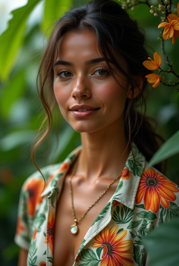 A Brazilian woman in a lush tropical garden, wearing an open shirt with a floral print, with a close-up capturing the harmonious beauty between her breasts and the natural flowers, showing off your natural charm and outgoing personality.