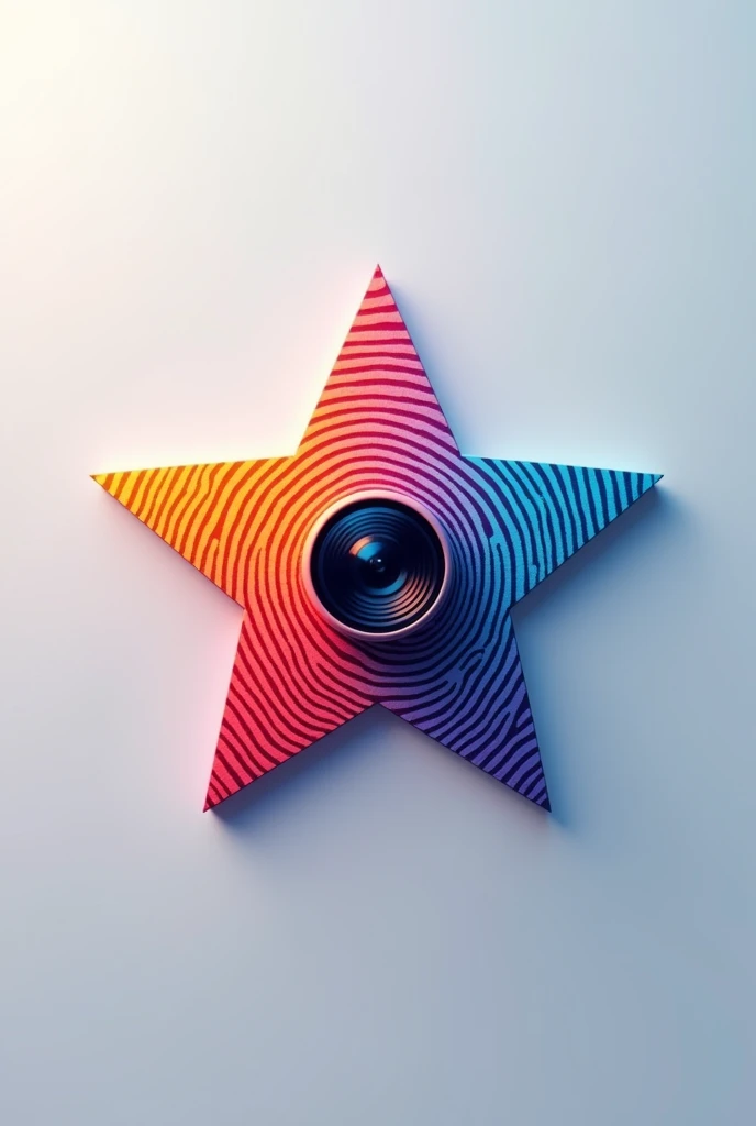 Colored star logo of a fingerprint with minimalist colors , In the center a medium security camera integrated into the star.
