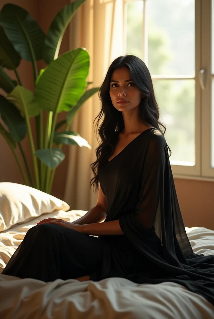 (photorealism:1.2), beautiful Indian woman, sitting on bed,black saree , straight hair, indoors, soft lighting, plants in background, window with sunlight, cozy room, relaxed pose, realistic, intricate detailed 