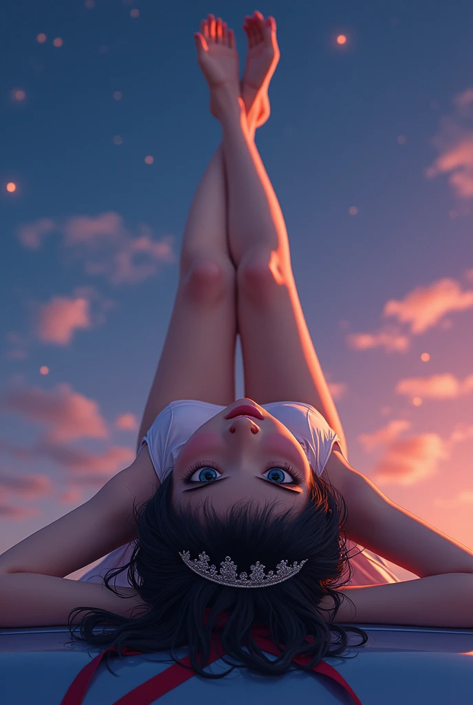 SFW, ((Closeup from Ass to Face)) ExtremelyDetailed (SchoolGirl Lying on back) Spread Legs Up, perfect face, PrincesTiara, (Delicate body textures) naked with RedRibbon (((WhitePanties))), correct anatomy, perfect hand (4 fingers and one thumb), Corrected Childish fingers, corrected leg to foot line, Lying on the Hood of a Car, ((Starry Colorful Lights at Dusk)), ((Hidden Arm) Hidden Feet), (TopQuality 8K Ultra-detailed)(masterpiece:1.2)(ProfessionalPhoto:1.37)(Acutance:0.8)