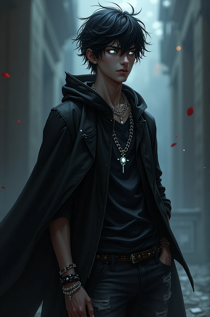 name: Darius NightshadeIdade: Height: approximately 1,75 mBody Type: Scrawny, but athletic, with a posture that mixes insecurity and confidence.body hair: blackw, smooth and messy, with white or silver threads. Medium length.eyeballs: gray dark, almost black, with a subtle glow that varies with the intensity of your powers.Skinned: clear, With a pale tone, more ethereal in low light.Clothing:Everyday Clothes: Band or geek t-shirt, Ripped jeans and sneakers. Dark coat or sweater.hero costume: Dark cloak or cape that flows and changes with the shadows. Black or dark gray fabric, with Nightshade symbols or runes that glow softly. Shoulder pads and hood to hide identity.Accessories:amulet: With Nightshade symbol, hanging on a simple string.rings and bracelets: Small accessories with mystical symbols.expression: A mix of curiosity and apprehension. When you use your powers, has a concentrated and intense expression.Detalhes especiais: When you use your powers, the cloak or cape seems to blend into the shadows around it, creating a visual effect of camouflage or disappearance.