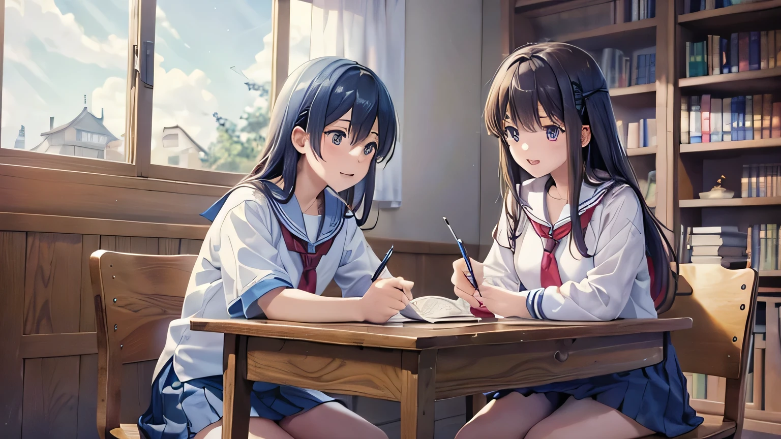 Create an anime-style image set in a bright and cozy library. The scene features two high school students, a boy and a girl, sitting side by side at a wooden desk. Both are wearing traditional Japanese high school uniforms—the boy in a white shirt with a tie and the girl in a sailor-style outfit. They are sitting side by side, with open books spread out on the desk in front of them, studying together. Both students are holding pens, writing something in their notebooks while looking at the books on the desk. They are smiling and enjoying each other's company. The scene is viewed from the front, showing their faces and the warm, soft light illuminating the space, creating a cheerful and pleasant atmosphere. In the background, large windows reveal a clear summer sky with vibrant blue colors, adding to the fresh and lively ambiance of the scene. The bookshelves filled with books further emphasize the library setting.
