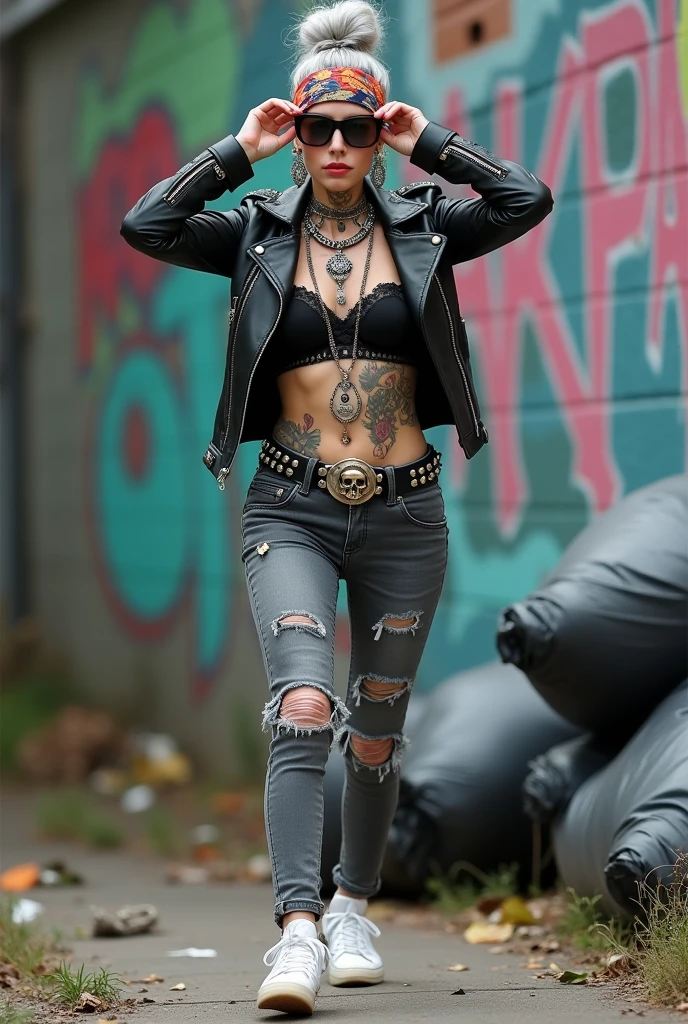 russian old milf woman,  grey hair (bougfant, top bun) and oversized square sunglasses and wide  colourful bandana as headband), with very light green eyes, extremely pale. Big lips. No tan. Wearing aged black moto jacket (zippers on the side, skull and bones pins).  Black lace push up bra, silicone breast,, dark skinny low rise grey jeans with holes on knees ( patched with colourful fabric). White tennis sneakers. Lots of thick wide studded bracelets, chain collars and big rings. Tacky wide studded leather belt with big skull and bones oval buckle. Long earrings with chains and feathers. Walking with her hands up touching her hair, stretching her neck, craving., Neck, chest, stomach and wrists heavily tattoed. Toned abdominals, thin neck, slim legs and thin arms. Narrow hips and slim legs.  Graffitied wall behind, waste on the groun and piled garbage bags around