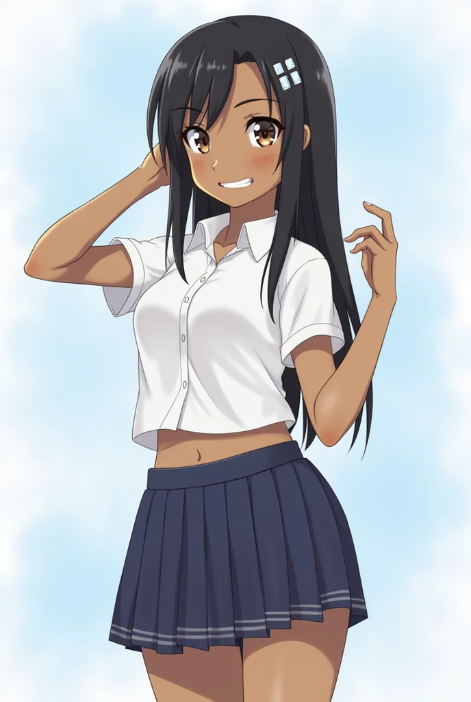 Nagatoro is an attractive, , and short-statured high schooler with long, straight black hair pinned to the right side with a pair of white hair clips. She has brown skin with noticeable - though sometimes inconsistent - tan lines in the shape of her swimsuit, and large, expressive amber-maroon eyes. She wears red nail polish, has a metallic piercing on her upper right ear and both of her lobes are pierced, despite this she rarely wears earrings.[13] Compared to other characters, she is exceptionally small, although it has been hinted that she may have a late growth spurt[14] and she actually grew several inches during winter.[15] Nagatoro has a lean, athletic, slender and very flexible[16] physique with a modest bust size which she is often ashamed about despite being - considering her size and build - pretty average sized;[17] also she seemingly gained a bra cup as the story progressed.[18] Nagatoro is rarely seen without a sadistic, cocky, smirk that often displays her very prominent canines[19] and has the tendency to widen the pupil of just an eye whenever she grins.[20]

She typically wears her school uniform consisting of a white button-up shirt (whose sleeves and collar she never keeps buttoned) and a navy blue skirt completed with a pair of sneakers and no socks. However, in summer she wears a short-sleeved shirt in her uniform,[21] while in winter she is shown to wear a light brown sweater,[22] black thigh-high stockings,[23] loafers[24] and occasionally a blue blazer.[25] She is also often seen wearing the light blue and white swimsuit of her club and her judogi.

When not at school she usually sports a simple, practical, or tomboyish choice of clothing[26][27][28] unlike most of her friends; however, she has proven to know how to relatively dress up if needed.[29]