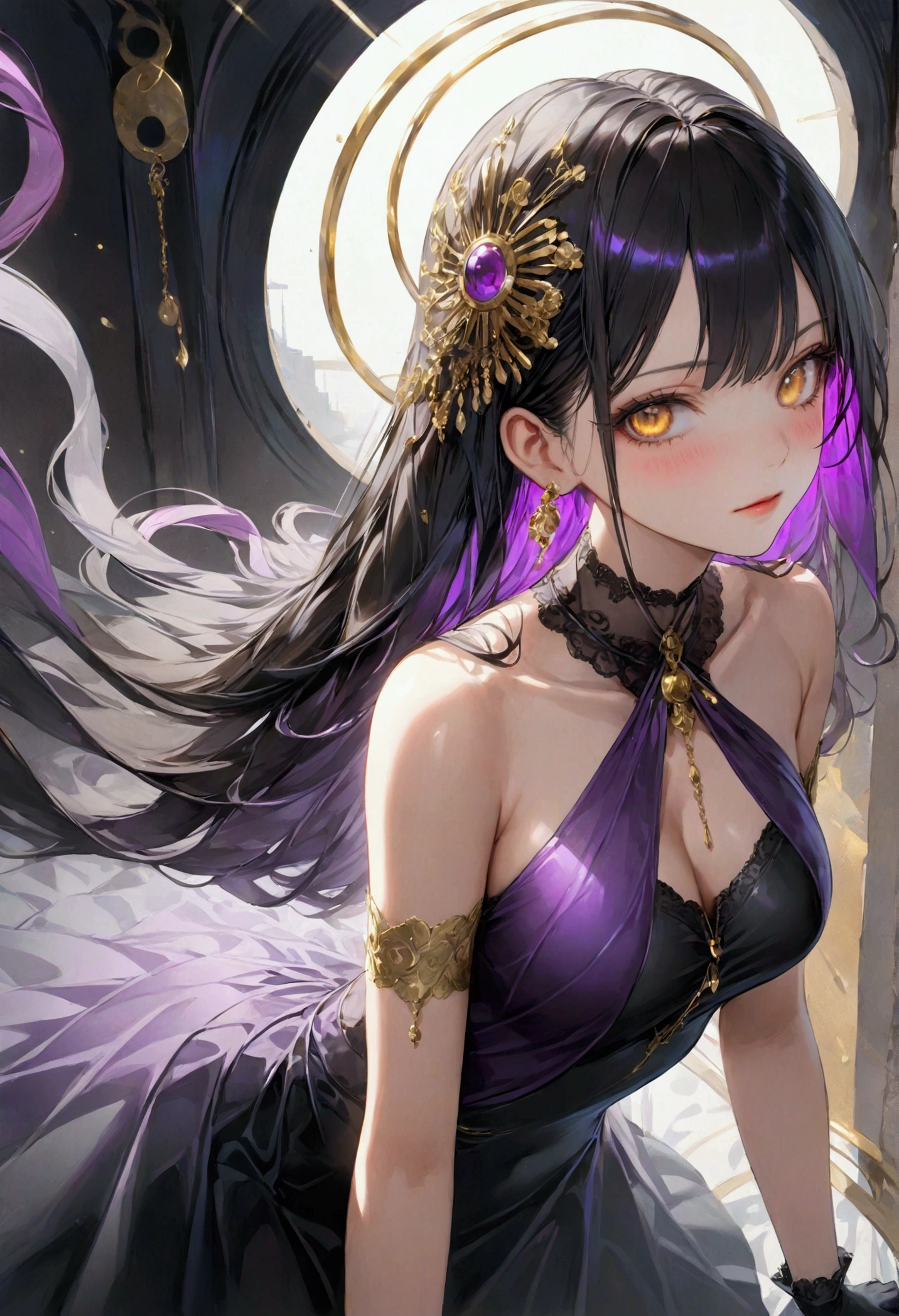 Long smooth straight black hair, inner colored dark-purple hair, golden eyes,onepiece dress with gloves, masterpiece, super detail, best quality, 8k,semi-realistic