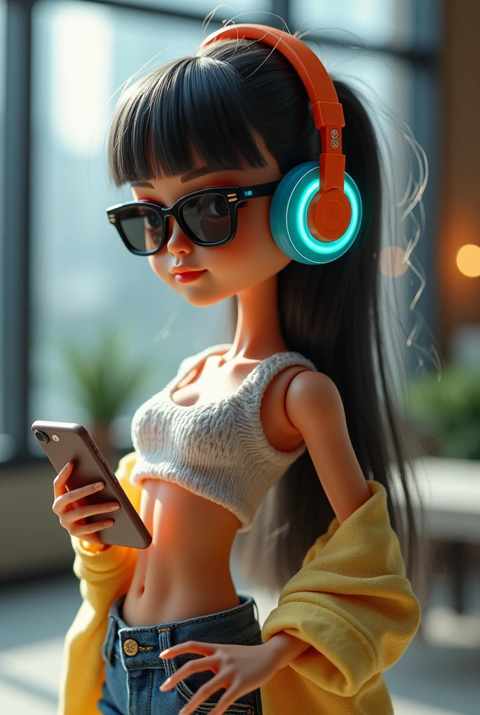 a doll with headphones and sunglasses

