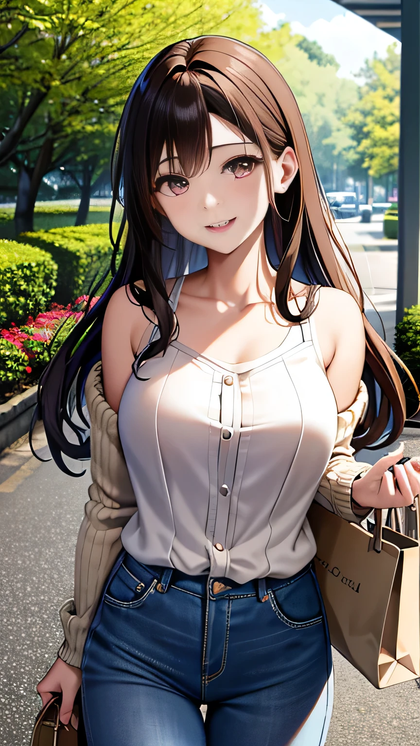 Ultra-high resolution, masterpiece, high quality, 8k, Japanese、Beautiful Mother、Age 35、Long brown hair down to the shoulders, Loose waves、Casual yet elegant style。White blouse with pale pink cardigan、jeans、pumps、A kind smile、Holding an eco bag in one hand、background:Entrance to the park、Sunlight shines in、Full body photo、