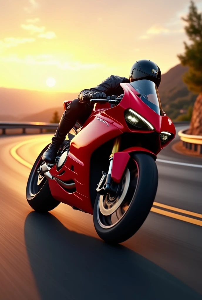 Red Ducati Panigale at very high speed on the Italian highway at sunset