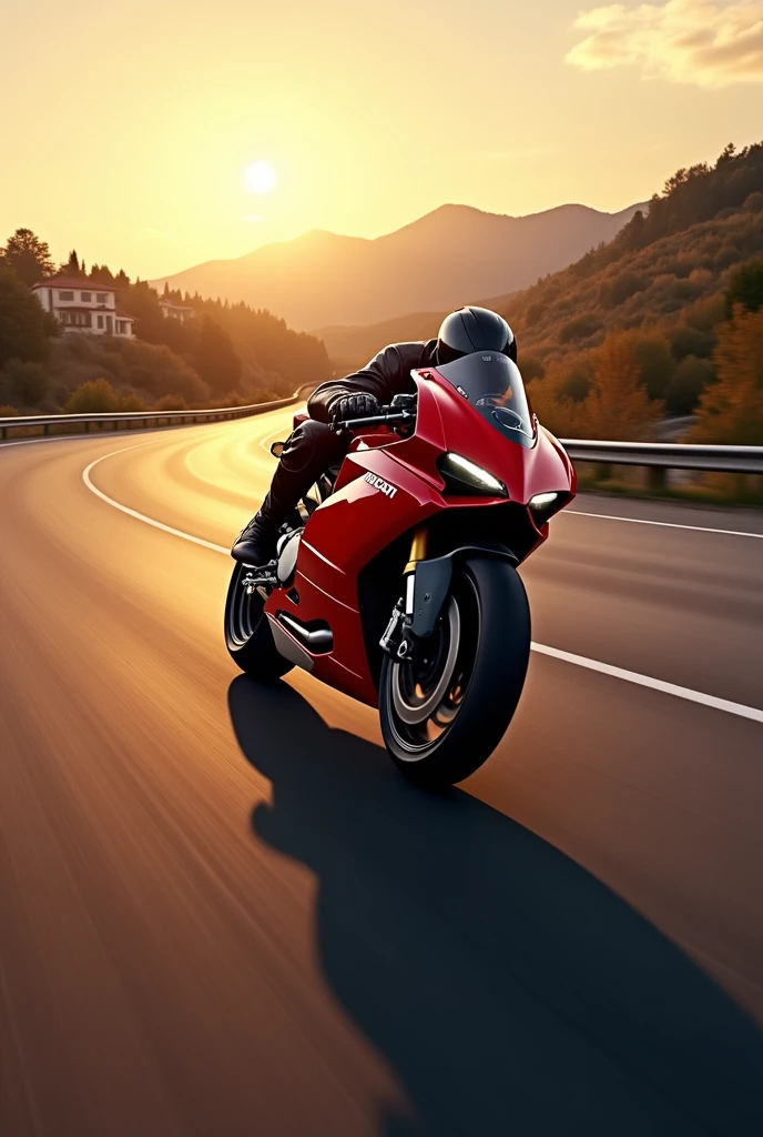 Red Ducati Panigale at very high speed on the Italian highway at sunset