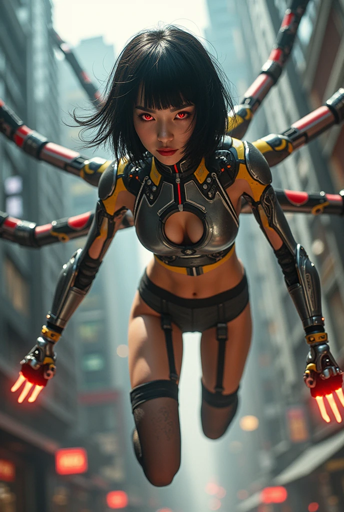 
Doctress octopus is (a super pretty taiwanese native american mix girl 18yo)((8 long mechanical arms sprouting from her back))(cyberpunk futuristic visor red eyes)(bobcut black shiny hair) (shinto priest costume mini) (flying all over the city)  (grappling buildings) (high tech glowing gauntlets) (lace thigh highs) (silver gold bismuth colors) (superhero poster shot) (64k uhd super detailed dramatic) (wide camera 24mm canon eos r850) (from below)