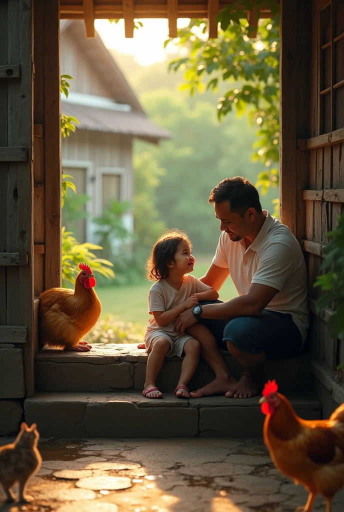 (Photorealism 1.2) high detailed definition cinematic cinematography Malay father 40 years old and 2 daughter sit at stairsfront of the old wood brown rusty house looking outside smile towards eachother morning mode malay Kampong background cats and chicken rooster wet floor