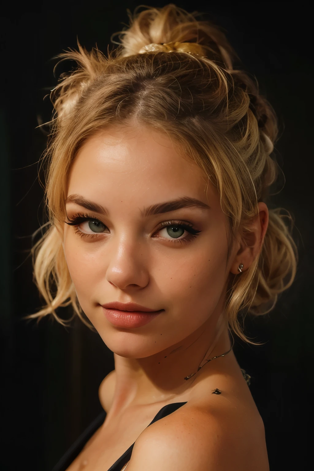 high resolution eye contact of blonde woman with bun hair and dark theme