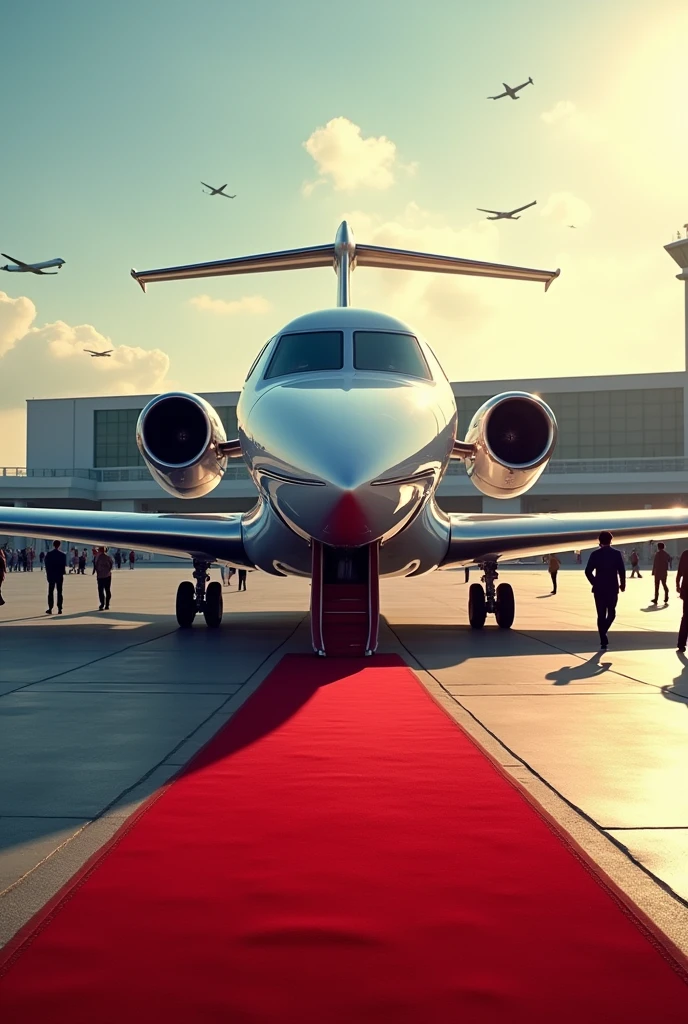 A private jet and red carpet at an airport